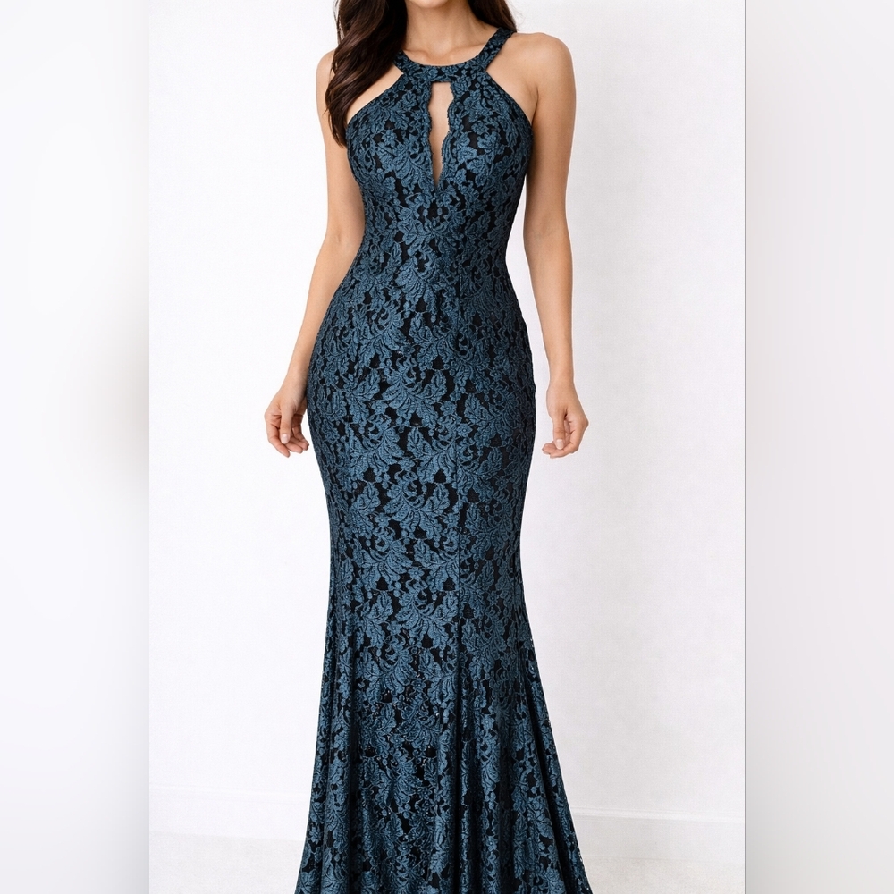 Morgan & Co. Elegant Blue Lace Evening Gown - Size 10